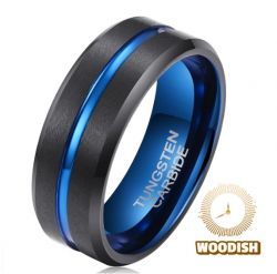 Men&#039;s Blue Groove Matte Black Tungstein Ring OY-R091