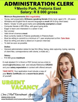 Menlo Park, Pretoria: ADMINISTRATION CLERK – Entry Level  