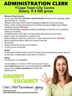 Cape Town City Centre: ADMINISTRATION CLERK (For Law firm) 