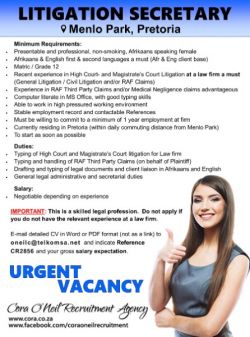 Menlo Park, Pretoria East: LITIGATION SECRETARY 