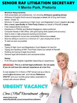 Pretoria East: SENIOR RAF LITIGATION SECRETARY