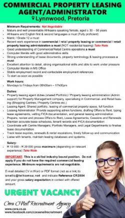 Lynnwood, Pretoria: COMMERCIAL PROPERTY LEASING AGENT/ADMINISTRATOR 
